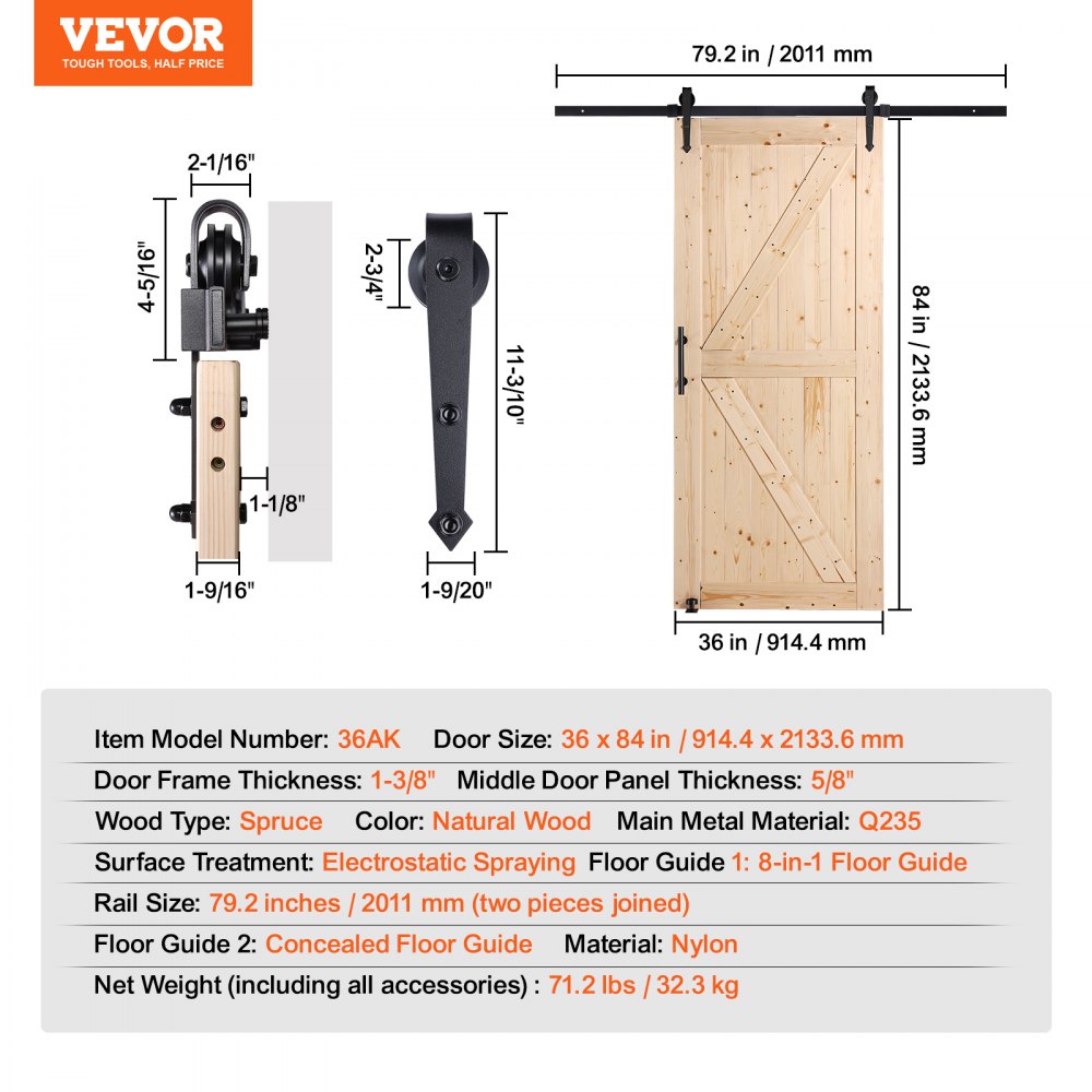 VEVOR Scheunentor und Hardware-Set, 91,4 x 213,4 cm Holz-Schiebetor, sanft und leise, Scheunentor-Set mit 8-in-1-Bodenführung und Türgriff, Fichtenholz-Platte