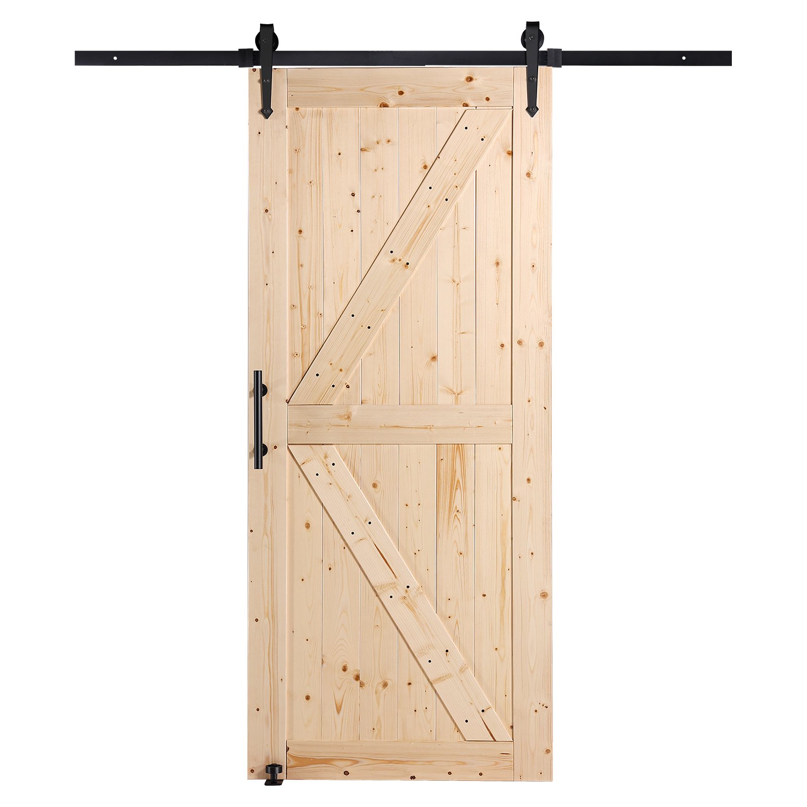 VEVOR Scheunentor und Hardware-Set, 91,4 x 213,4 cm Holz-Schiebetor, sanft und leise, Scheunentor-Set mit 8-in-1-Bodenführung und Türgriff, Fichtenholz-Platte