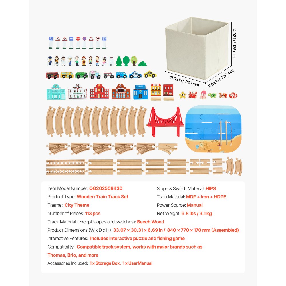 VEVOR Holzeisenbahn Set 113-tlg., Zugspielzeug mit Aufbewahrungsbox, Stadtlandschaft-Eisenbahnspielset, kompatibel mit gängigen Marken, Weihnachts- & Geburtstagsgeschenk für Kinder ab 3 Jahren