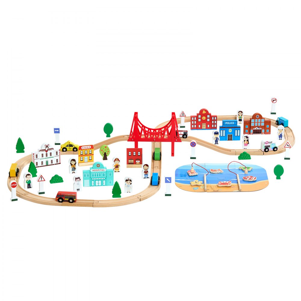 VEVOR Holzeisenbahn Set 113-tlg., Zugspielzeug mit Aufbewahrungsbox, Stadtlandschaft-Eisenbahnspielset, kompatibel mit gängigen Marken, Weihnachts- & Geburtstagsgeschenk für Kinder ab 3 Jahren