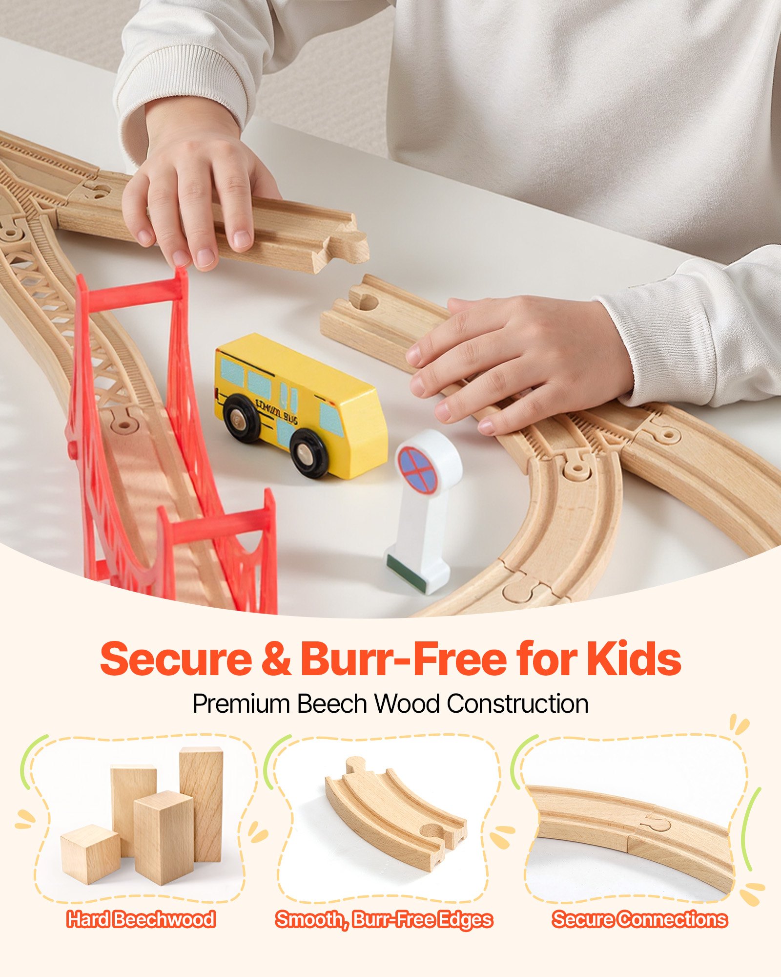 VEVOR Holzeisenbahn Set 113-tlg., Zugspielzeug mit Aufbewahrungsbox, Stadtlandschaft-Eisenbahnspielset, kompatibel mit gängigen Marken, Weihnachts- & Geburtstagsgeschenk für Kinder ab 3 Jahren