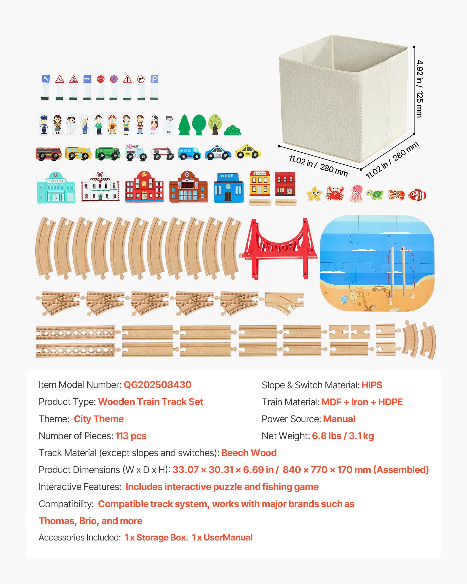 VEVOR Holzeisenbahn Set 113-tlg., Zugspielzeug mit Aufbewahrungsbox, Stadtlandschaft-Eisenbahnspielset, kompatibel mit gängigen Marken, Weihnachts- & Geburtstagsgeschenk für Kinder ab 3 Jahren