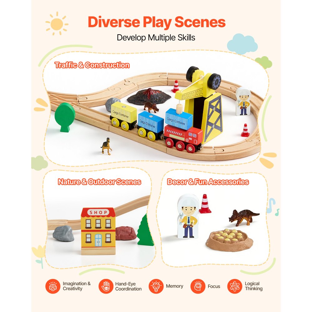 VEVOR Holzeisenbahn Set 70-tlg., Eisenbahn-Spielzeug für Kinder ab 3 Jahren, Baustellen-Kran-Zugspielzeug, kompatibel mit gängigen Marken, Weihnachts- & Geburtstagsgeschenk für Kleinkinder