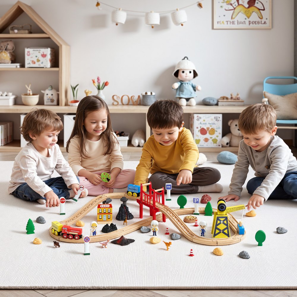 VEVOR Holzeisenbahn Set 70-tlg., Eisenbahn-Spielzeug für Kinder ab 3 Jahren, Baustellen-Kran-Zugspielzeug, kompatibel mit gängigen Marken, Weihnachts- & Geburtstagsgeschenk für Kleinkinder