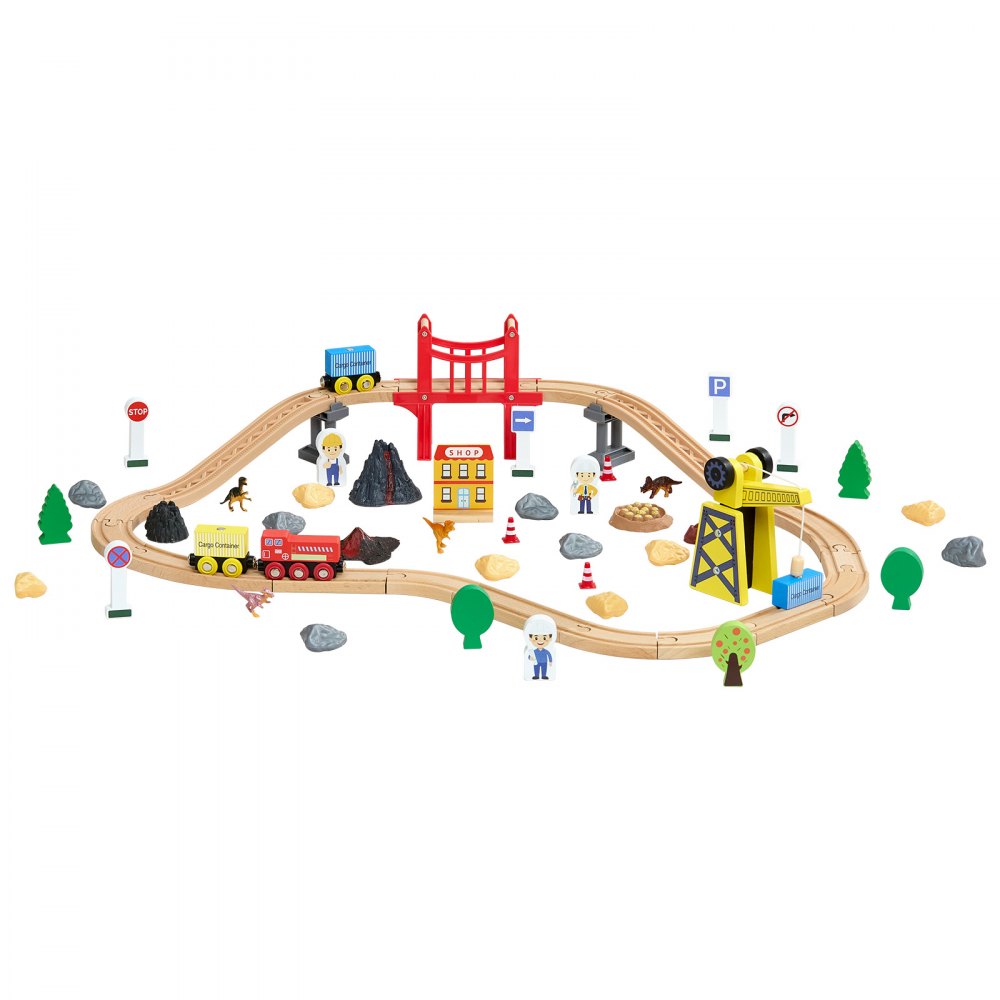 VEVOR Holzeisenbahn Set 70-tlg., Eisenbahn-Spielzeug für Kinder ab 3 Jahren, Baustellen-Kran-Zugspielzeug, kompatibel mit gängigen Marken, Weihnachts- & Geburtstagsgeschenk für Kleinkinder