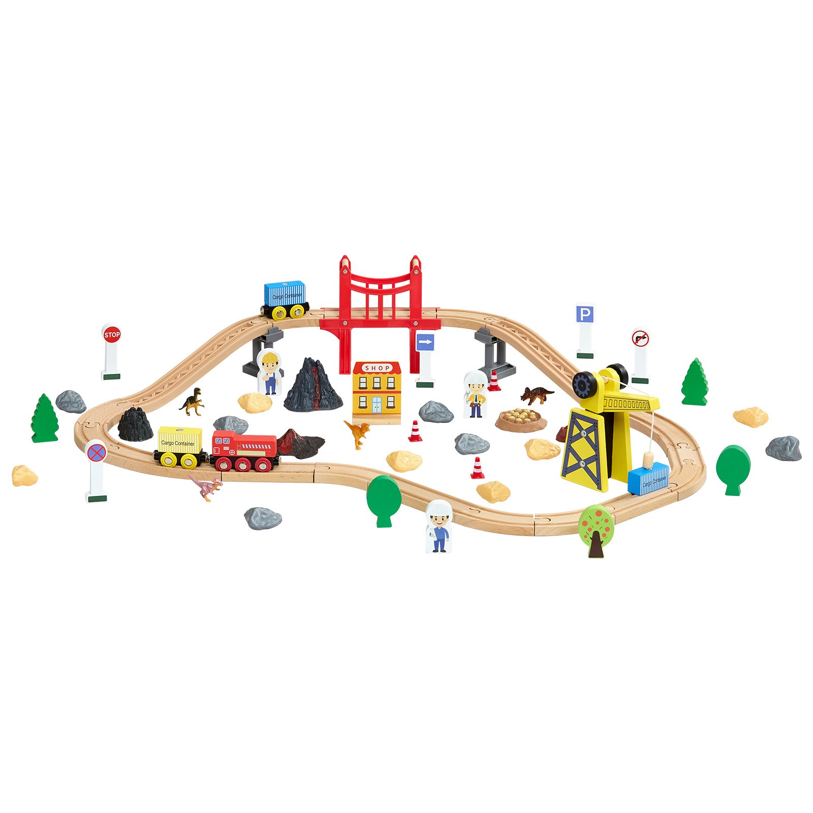 VEVOR Holzeisenbahn Set 70-tlg., Eisenbahn-Spielzeug für Kinder ab 3 Jahren, Baustellen-Kran-Zugspielzeug, kompatibel mit gängigen Marken, Weihnachts- & Geburtstagsgeschenk für Kleinkinder