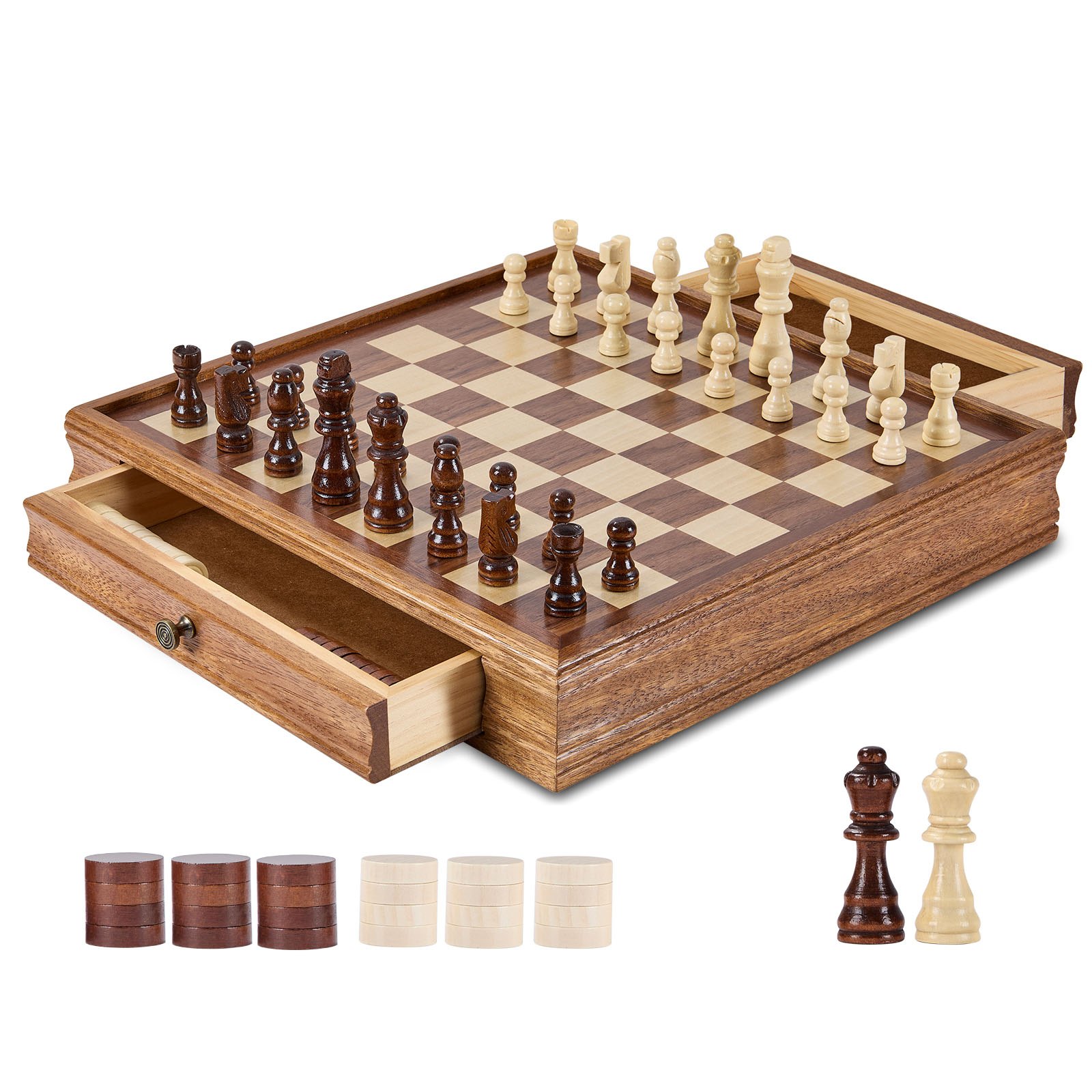 VEVOR Schachspiel aus Massivholz, 2-in-1 Schach-Dame-Spielset, 38 cm Schachbrettspiele mit Aufbewahrungsschublade & Schachfiguren, für Turniere, Profis und Anfänger von Erwachsenen & Kindern