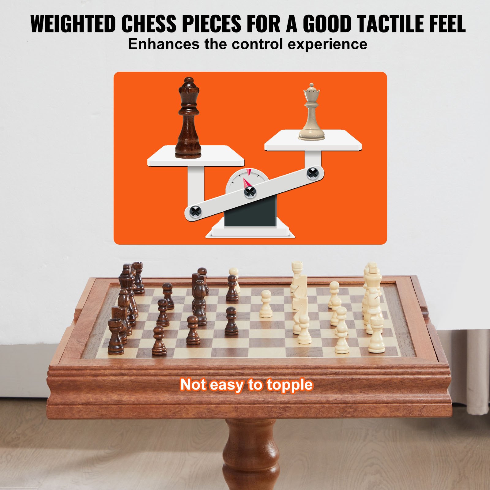 VEVOR Schachspiel aus Holz, 650 x 650 x 675 mm Schachspielset, Desktop Schachbrettspiele mit Schachfiguren, Schachset Set für Party Familie Aktivitäten, Reiseschach, Kinder, Chess Board