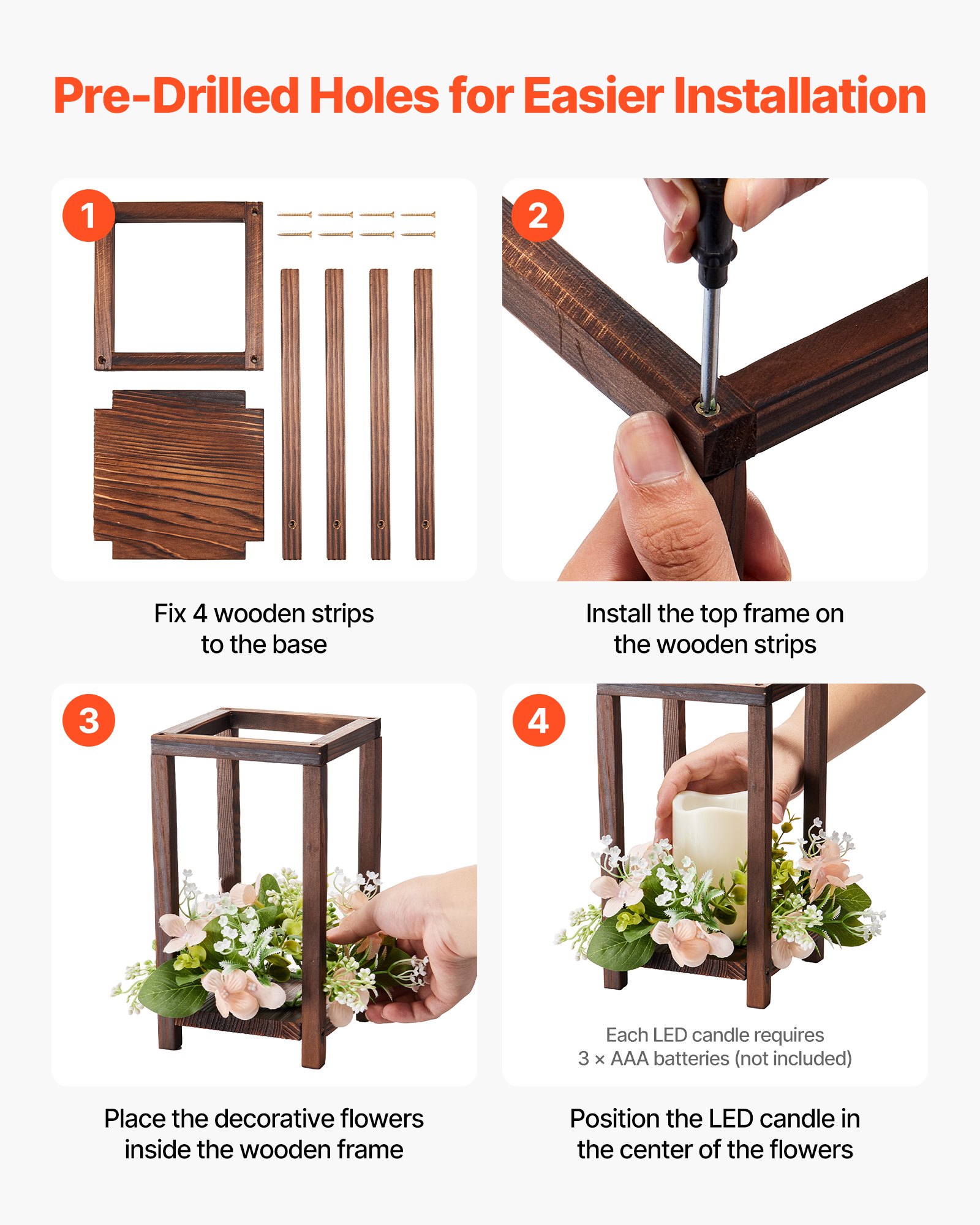 VEVOR 10er-Set Holzlaternen für Hochzeiten, inkl. 10 Holzlaternen-Kerzenhaltern, 10 flammenlosen LED-Kerzen, 10 Champagner-Blumenkränzen für Hochzeitstisch, Party, Bauernhaus-Dekoration, Braun