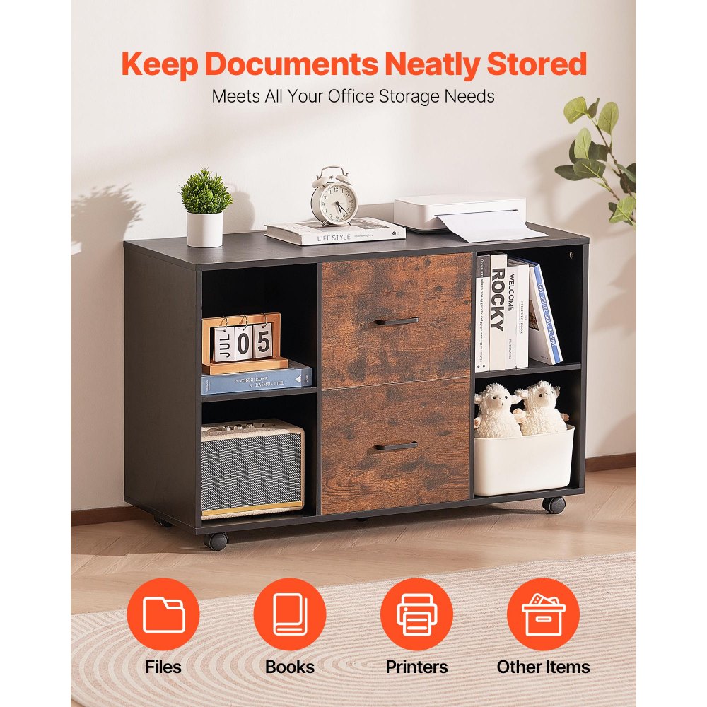 VEVOR 2 Drawer Wooden File Cabinet, Mobile Filing Cabinet with Open Shelves, Lateral Rolling File Storage with Lockable Wheels, Modern Free Standing Printer Stand for Home, Office, School, Black