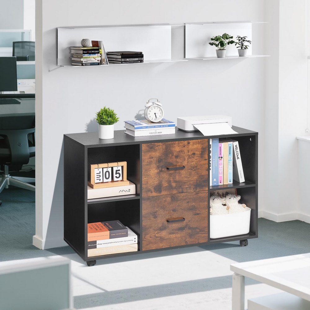 VEVOR 2 Drawer Wooden File Cabinet, Mobile Filing Cabinet with Open Shelves, Lateral Rolling File Storage with Lockable Wheels, Modern Free Standing Printer Stand for Home, Office, School, Black