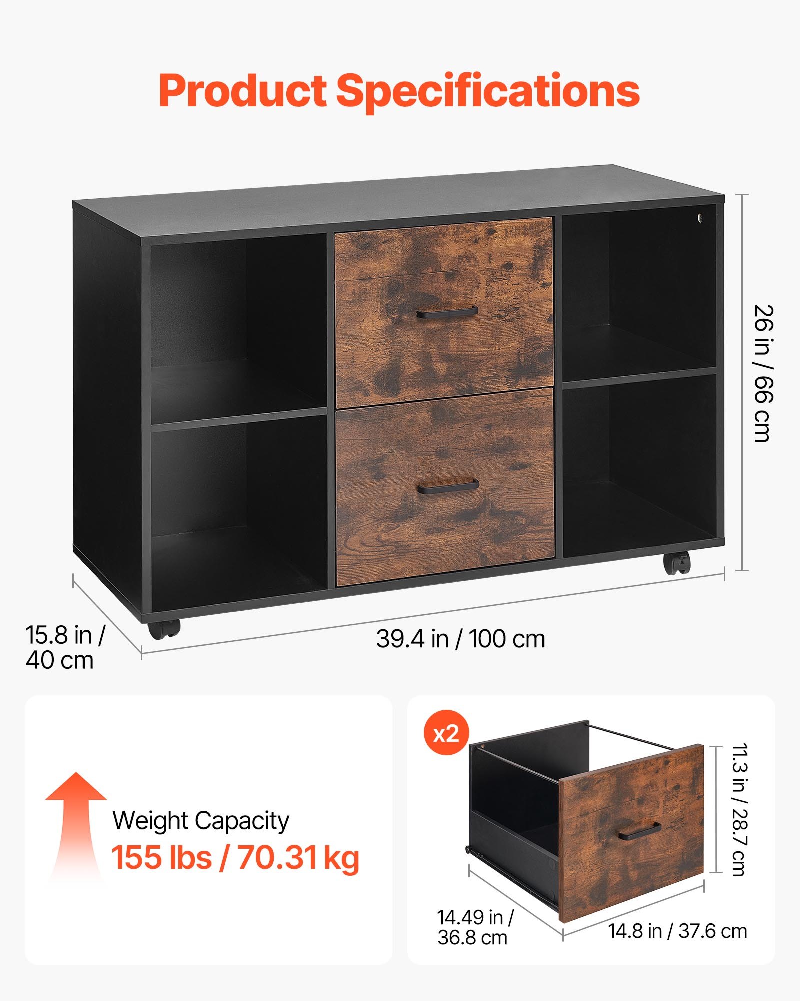 VEVOR 2 Drawer Wooden File Cabinet, Mobile Filing Cabinet with Open Shelves, Lateral Rolling File Storage with Lockable Wheels, Modern Free Standing Printer Stand for Home, Office, School, Black