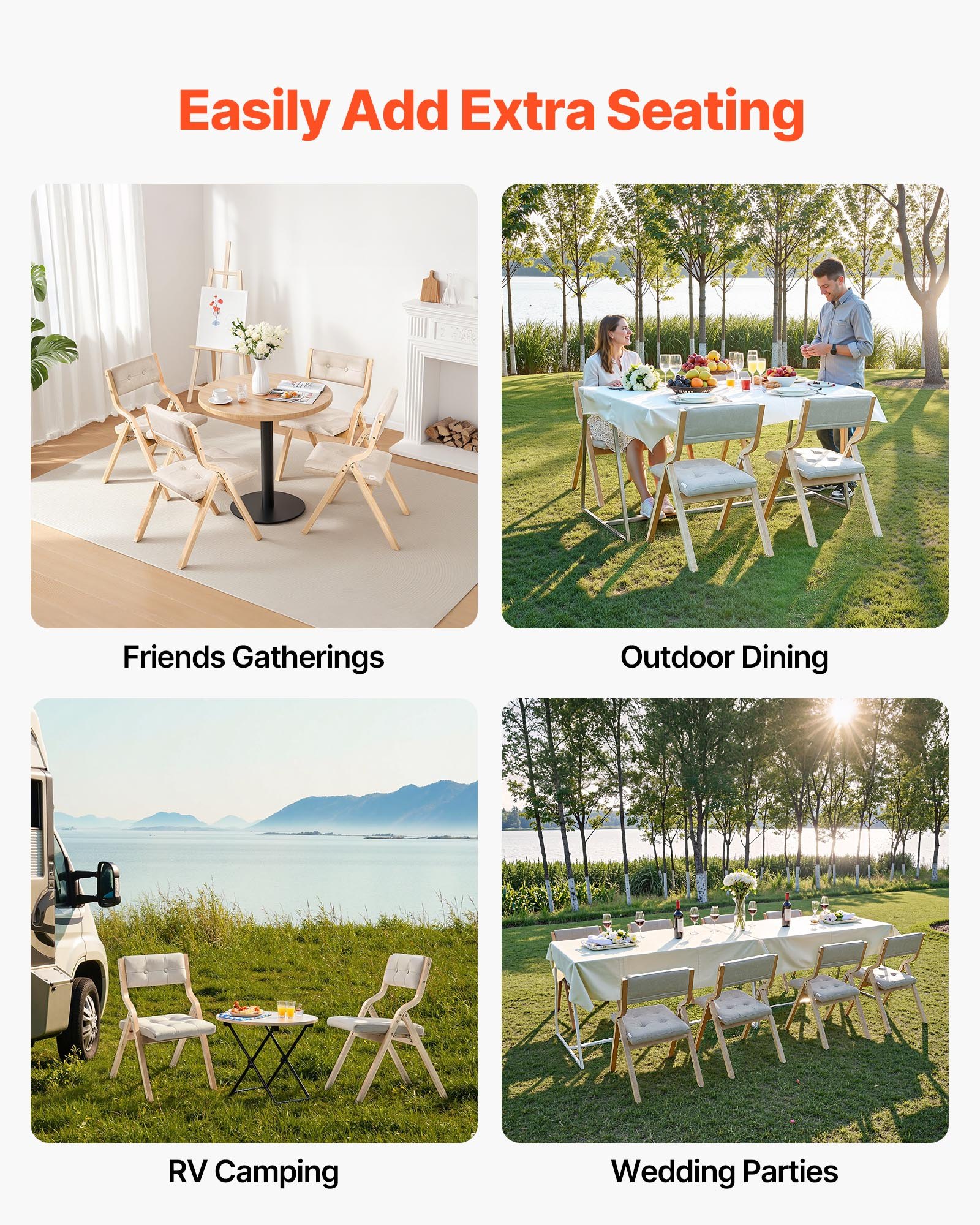 VEVOR Klappstuhl Gartenstuhl mit gepolstertem Kissen & Holzrahmen 2 Stk. moderner Esszimmerstuhl für Küche Büro Party, Küchenstuhl bis 180 kg belastbar (pro) faltbar Beige + weiß platzsparend