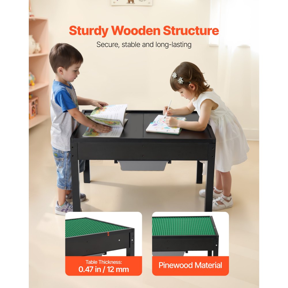 VEVOR Kids Wooden Activity Table, Building Blocks Double-Sided Tabletop, Multi-Purpose Activity Play Table with 2 Storage Bins for Kids 3+ Years, Large Storage Space, Present for Boys & Girls, Black