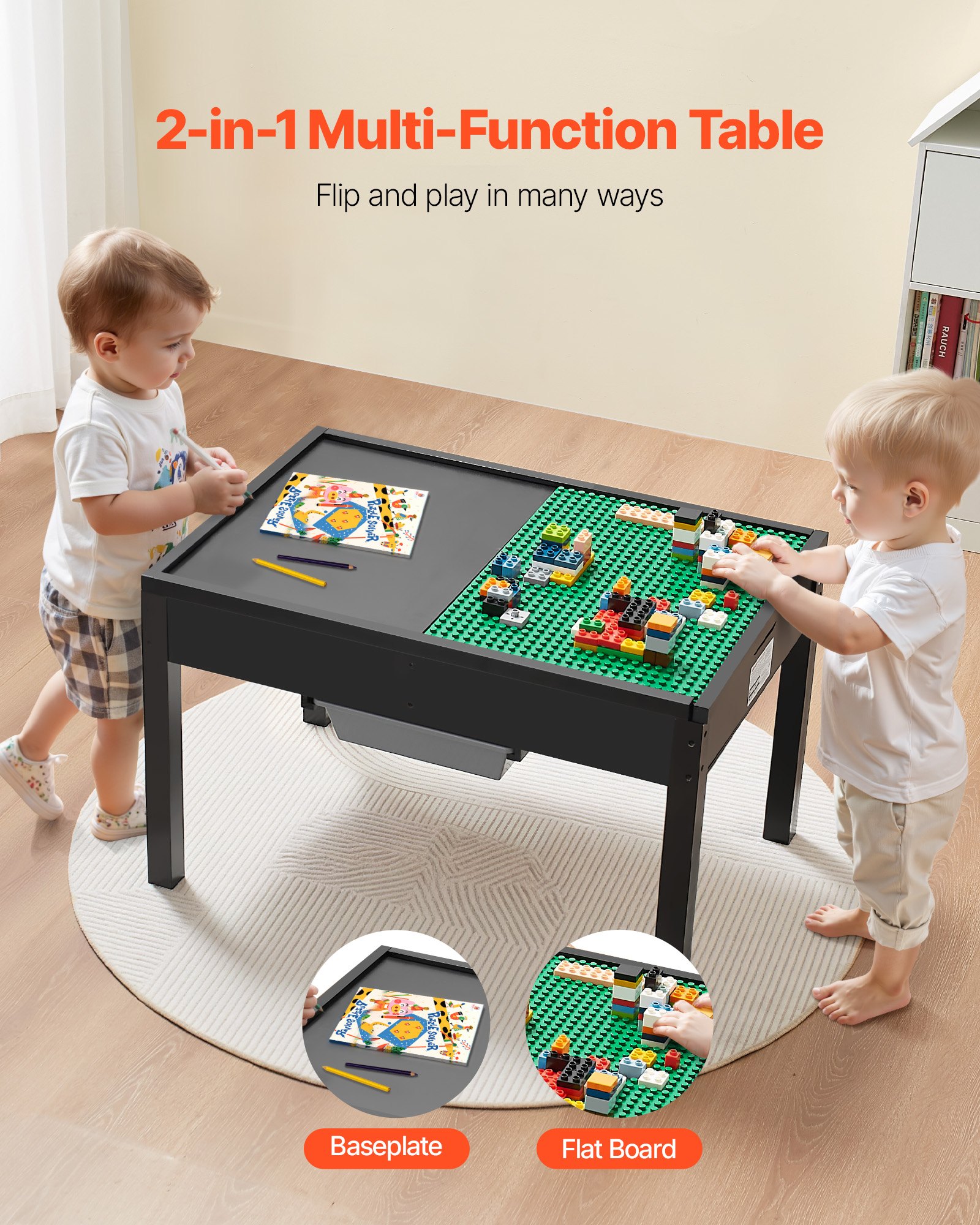 VEVOR Kindertisch 810 x 553 x 502 mm, Aktivitätstisch aus Holz, doppelseitige Baustein-Tischplatte, Mehrzweck-Spieltisch mit 2 Aufbewahrungsbehältern, Geschenk für Kinder ab 3 Jahren, Schwarz