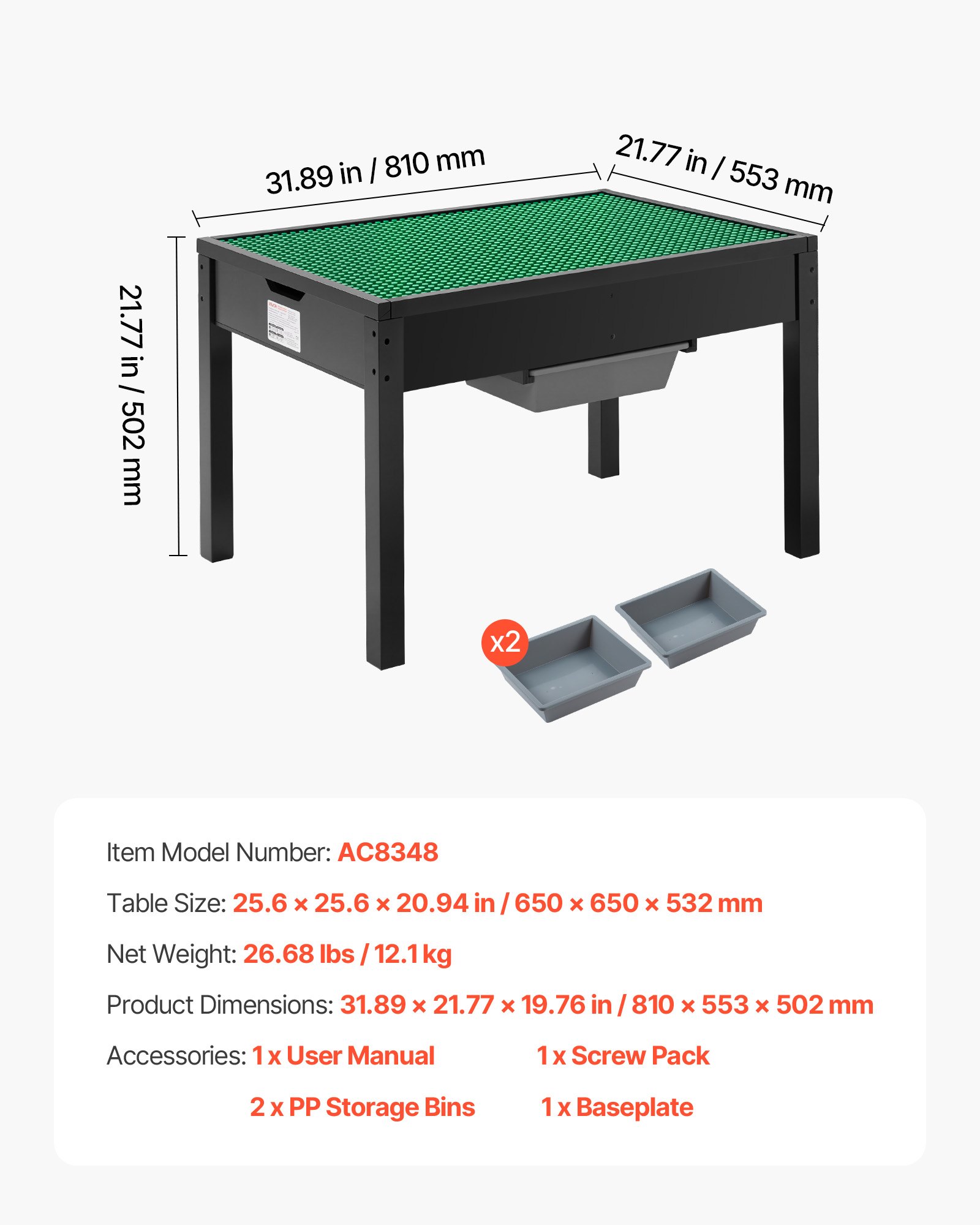 VEVOR Kindertisch 810 x 553 x 502 mm, Aktivitätstisch aus Holz, doppelseitige Baustein-Tischplatte, Mehrzweck-Spieltisch mit 2 Aufbewahrungsbehältern, Geschenk für Kinder ab 3 Jahren, Schwarz
