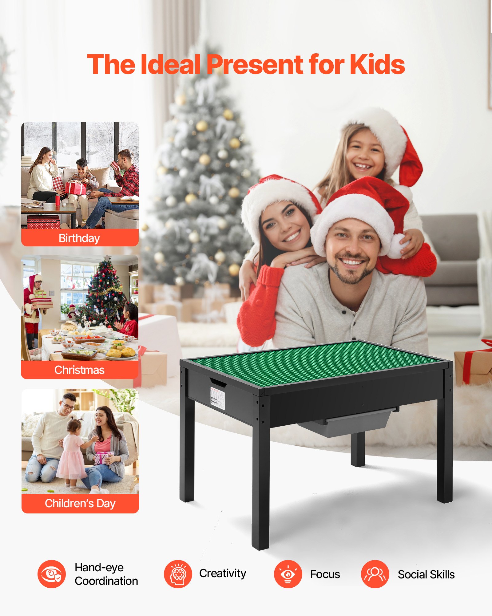 VEVOR Kids Wooden Activity Table, Building Blocks Double-Sided Tabletop, Multi-Purpose Activity Play Table with 2 Storage Bins for Kids 3+ Years, Large Storage Space, Present for Boys & Girls, Black