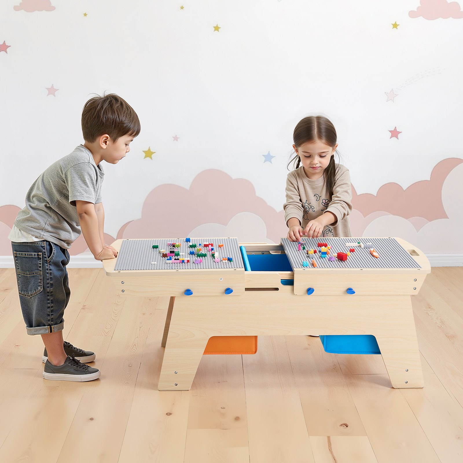 VEVOR Kindertisch 905 x 497 x 393 mm, Aktivitätstisch aus Holz, Mehrzweck-Spieltisch mit 200 Bausteinen und 3 Aufbewahrungsbehältern, Bausteintisch, Geschenk für Kinder ab 3 Jahren, Holzfarbe