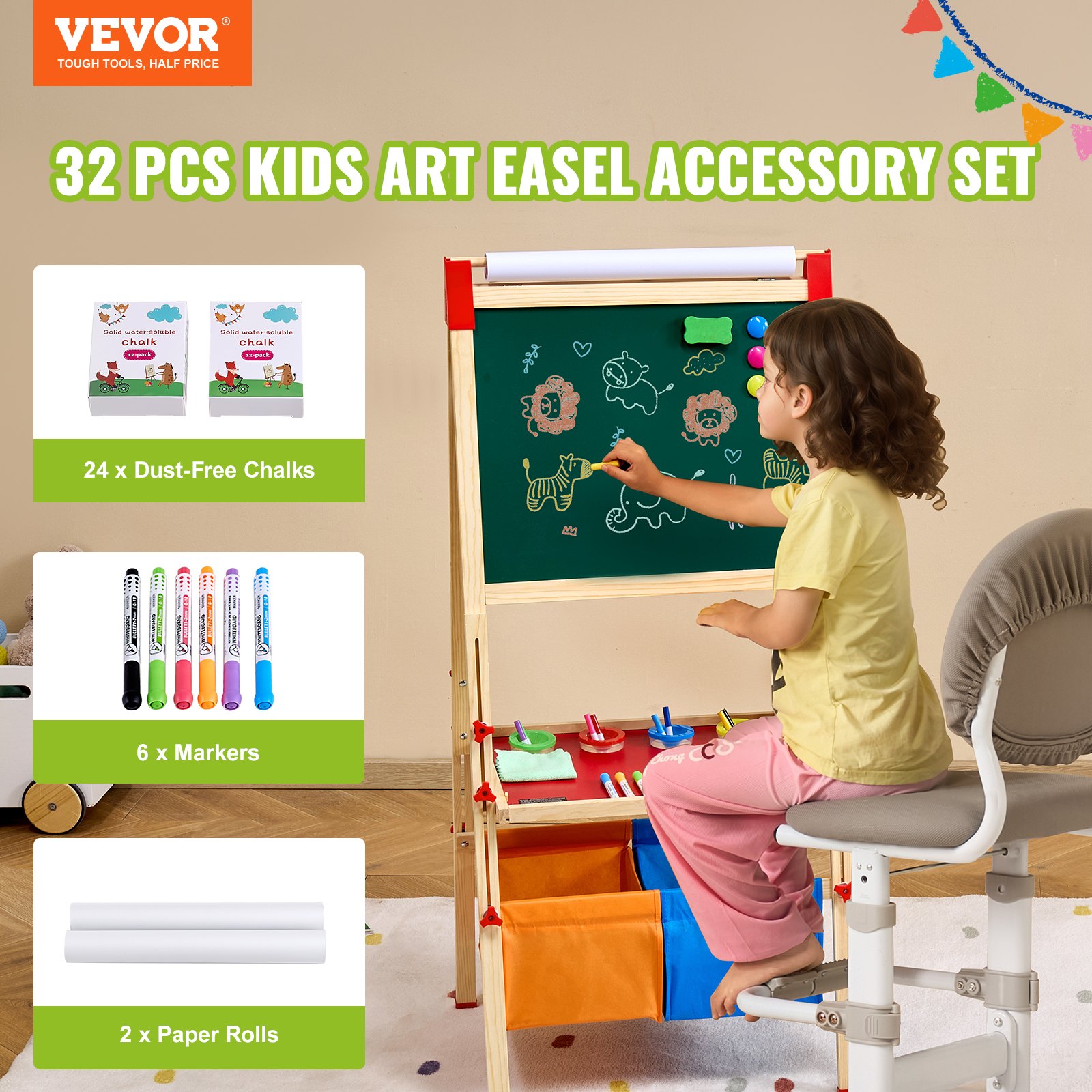 VEVOR Easel Accessory Set, 32-Piece Art Easel Painting Set for Children, Including Chalk, Dry Eraser Markers & Paper Rolls, Accessory Set for Standing Art Easel, Painting Supplies