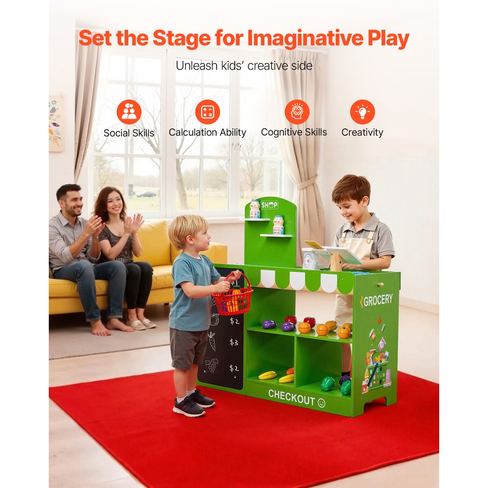 VEVOR Kaufmannsladen-Spielset, Holzspiel 35-teilig, Kinder-Supermarkt-Spielladen mit Einkaufstasche, Förderband, Scanner, Registrierkasse, realistischer Obst und Gemüse, für Kinder ab 3 Jahren