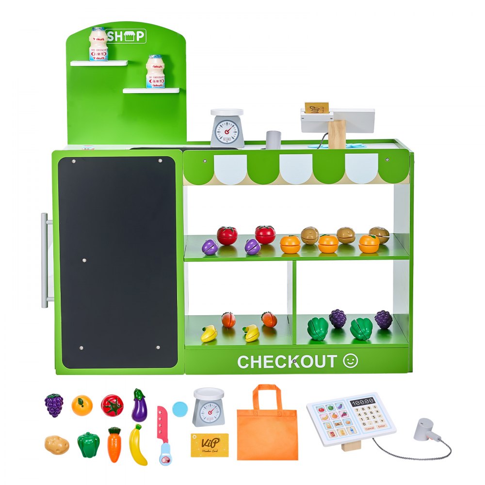 VEVOR Kaufmannsladen-Spielset, Holzspiel 35-teilig, Kinder-Supermarkt-Spielladen mit Einkaufstasche, Förderband, Scanner, Registrierkasse, realistischer Obst und Gemüse, für Kinder ab 3 Jahren