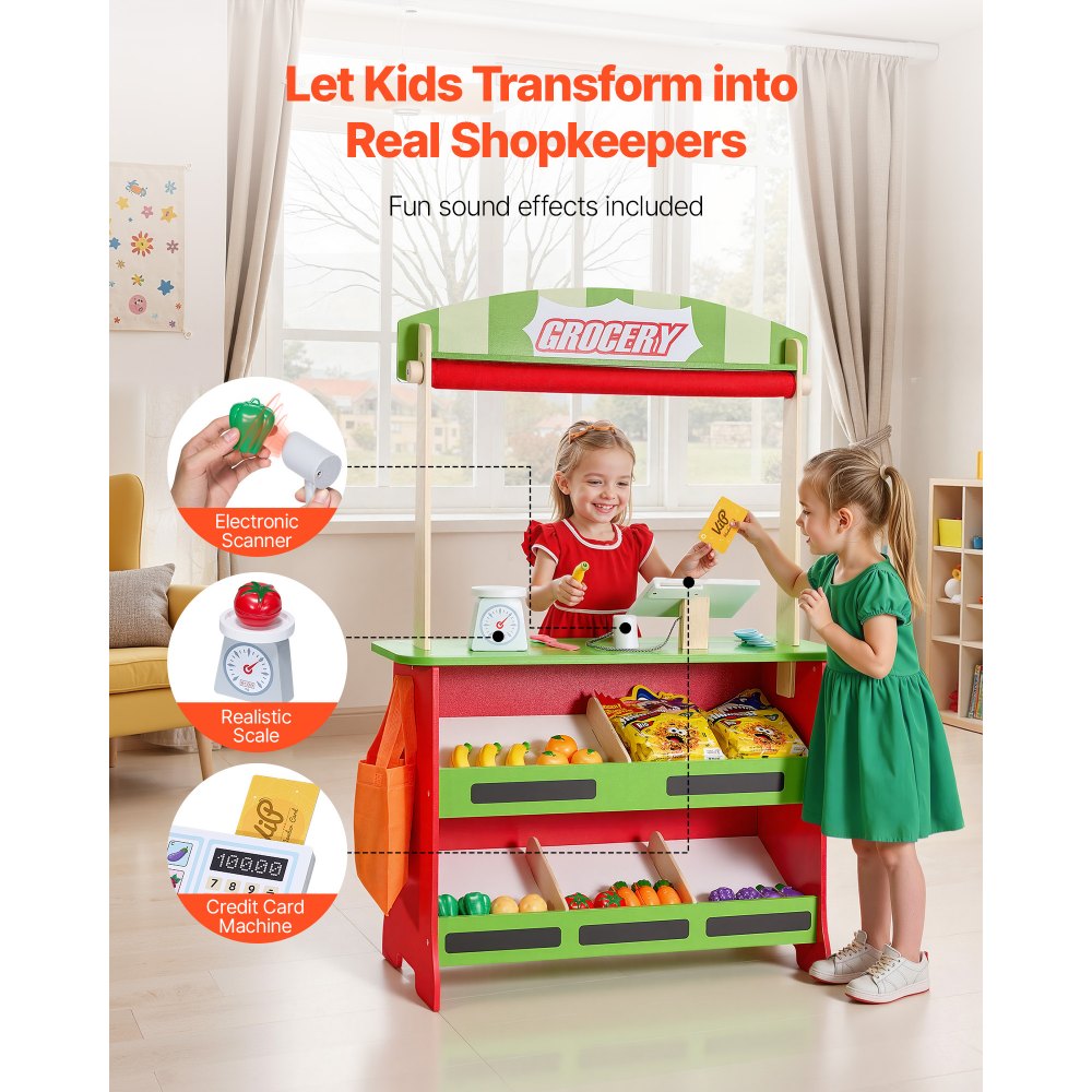 VEVOR 2-in-1 Spielset Puppentheater aus Holz mit Vorhängen, Kaufmannsladen, doppelseitiges Holzspiel mit Tafel und Registrierkasse, Marktstand zum Rollenspiel für Kinder ab 3 Jahren