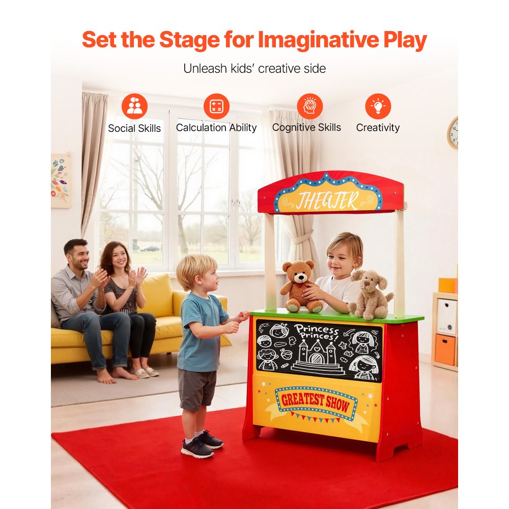 VEVOR 2-in-1 Spielset Puppentheater aus Holz mit Vorhängen, Kaufmannsladen, doppelseitiges Holzspiel mit Tafel und Registrierkasse, Marktstand zum Rollenspiel für Kinder ab 3 Jahren