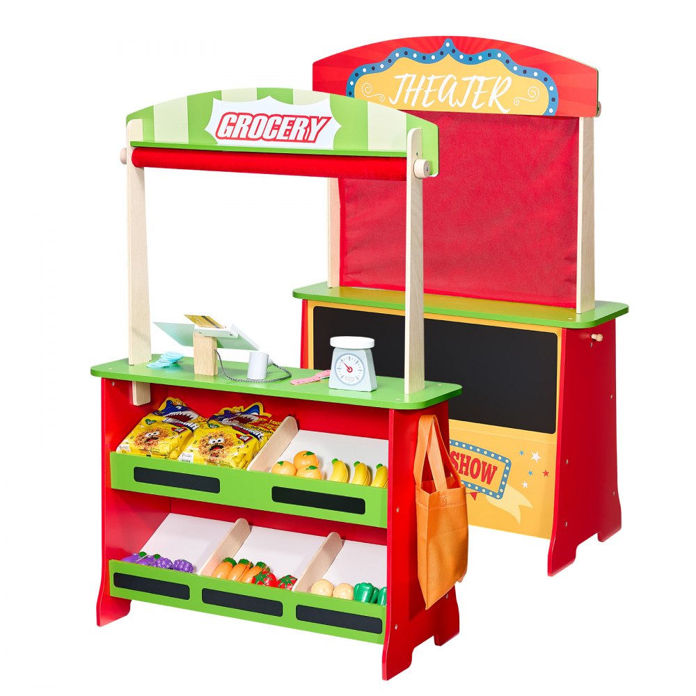 VEVOR 2-in-1 Spielset Puppentheater aus Holz mit Vorhängen, Kaufmannsladen, doppelseitiges Holzspiel mit Tafel und Registrierkasse, Marktstand zum Rollenspiel für Kinder ab 3 Jahren