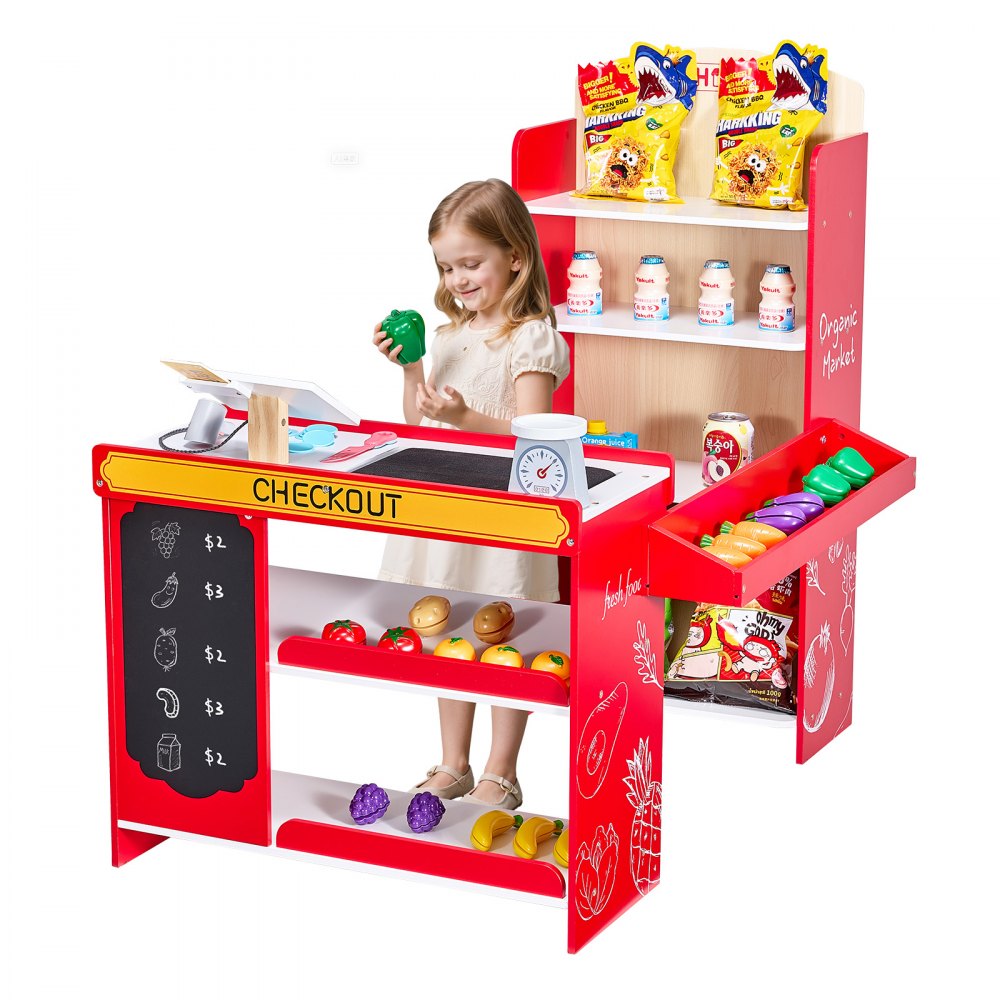 VEVOR Kinder-Lebensmittelladen-Spielset, Holz-Spielladen mit Einkaufstasche, Kinder-Supermarkt mit Förderband, Scanner, Registrierkasse, Obst und Gemüse, Geschenk für Kinder ab 3 Jahren