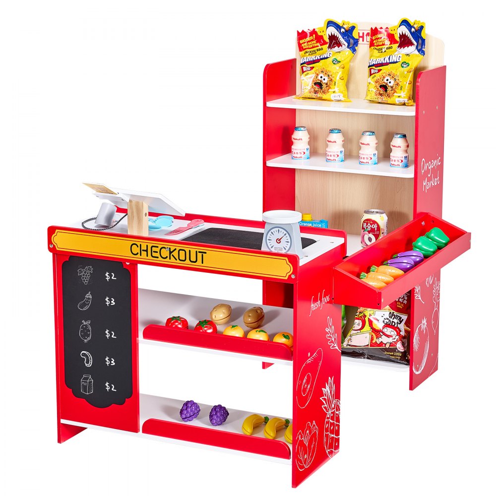 VEVOR Kinder-Lebensmittelladen-Spielset, Holz-Spielladen mit Einkaufstasche, Kinder-Supermarkt mit Förderband, Scanner, Registrierkasse, Obst und Gemüse, Geschenk für Kinder ab 3 Jahren