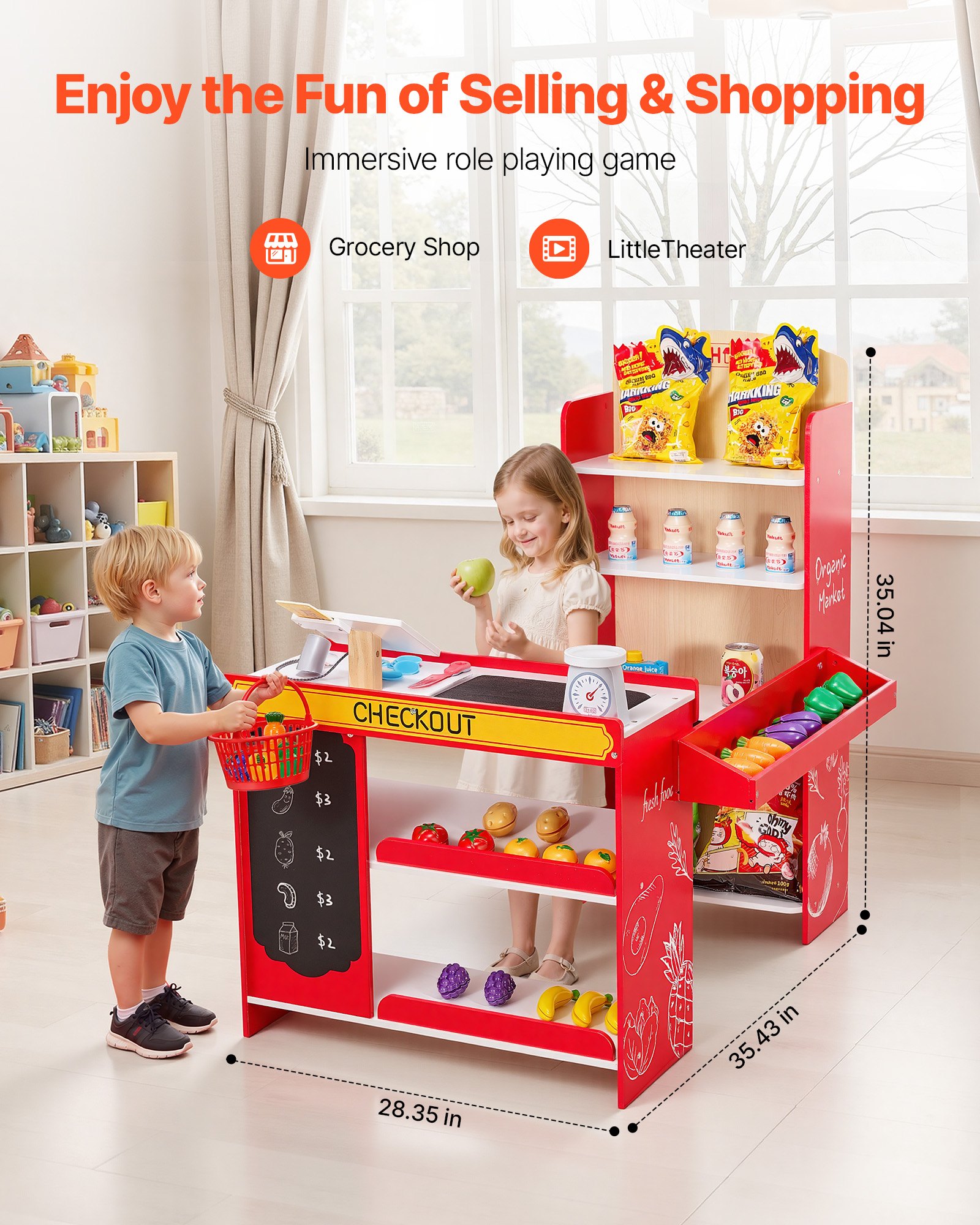 VEVOR Kinder-Lebensmittelladen-Spielset, Holz-Spielladen mit Einkaufstasche, Kinder-Supermarkt mit Förderband, Scanner, Registrierkasse, Obst und Gemüse, Geschenk für Kinder ab 3 Jahren