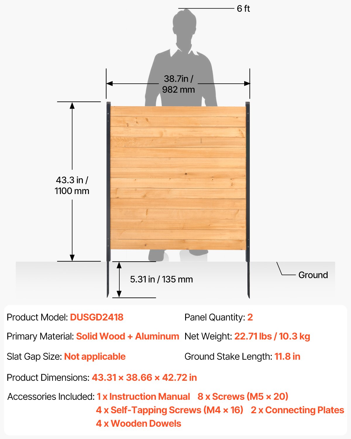 VEVOR Sichtschutzzaun Holz, 1100x982 mm, 2 Paneele, Lamellenzaun für Klimaanlagen, Umzäunung für Poolausrüstung mit Metallpfählen, Gartenzaun, Mülltonnenversteck für Außenbereich als Gartendekoration