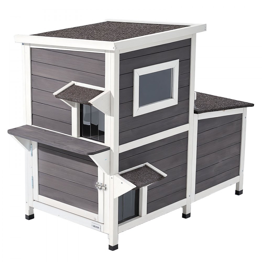 VEVOR Katzenhaus Outdoor, 2-stöckiger Katzenhütte aus Holz, erhöhter Unterschlupf mit Treppe, transparentem Fenster & Klapptüren, winterfester Katzenunterstand für den Garten, 1070 x 633 x 863 mm