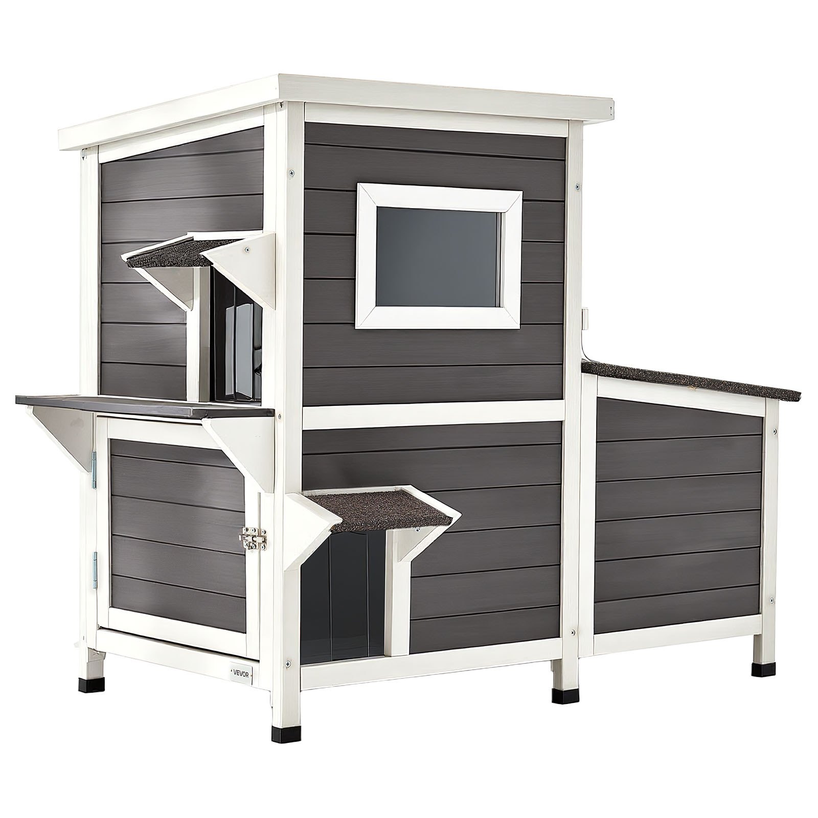VEVOR Katzenhaus Outdoor, 2-stöckiger Katzenhütte aus Holz, erhöhter Unterschlupf mit Treppe, transparentem Fenster & Klapptüren, winterfester Katzenunterstand für den Garten, 1070 x 633 x 863 mm