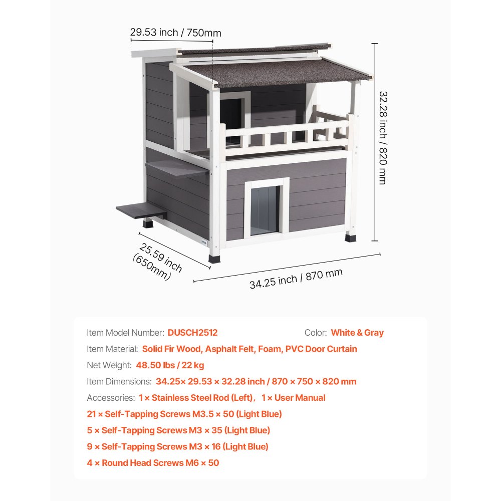 VEVOR Katzenhaus, 2-stöckige Katzenhütte aus Holz, Schaumstoffisolierung, Unterschlupf mit Balkon, wasserdicht & isoliert, Katzenvilla für 1–3 Katzen im Winter, 840x750x820 mm