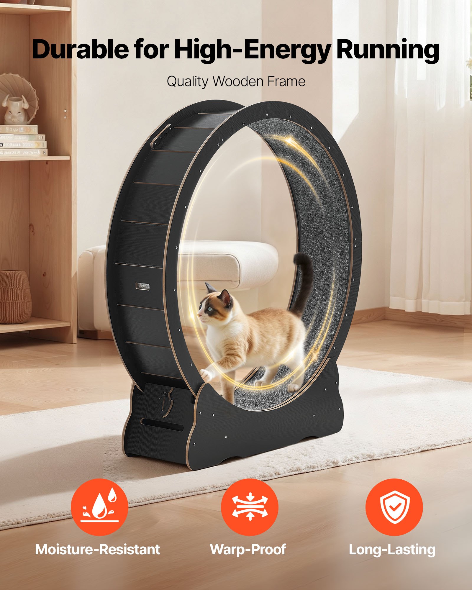 VEVOR Cat Exercise Wheel, 132cm Wooden Cat Running Wheel for Indoor Kitten up to 12.7kg, Cats Treadmill with Carpeted Runway & Locking Mechanism, Quiet Cat Sport Toys for Pets Fitness & Health, Black