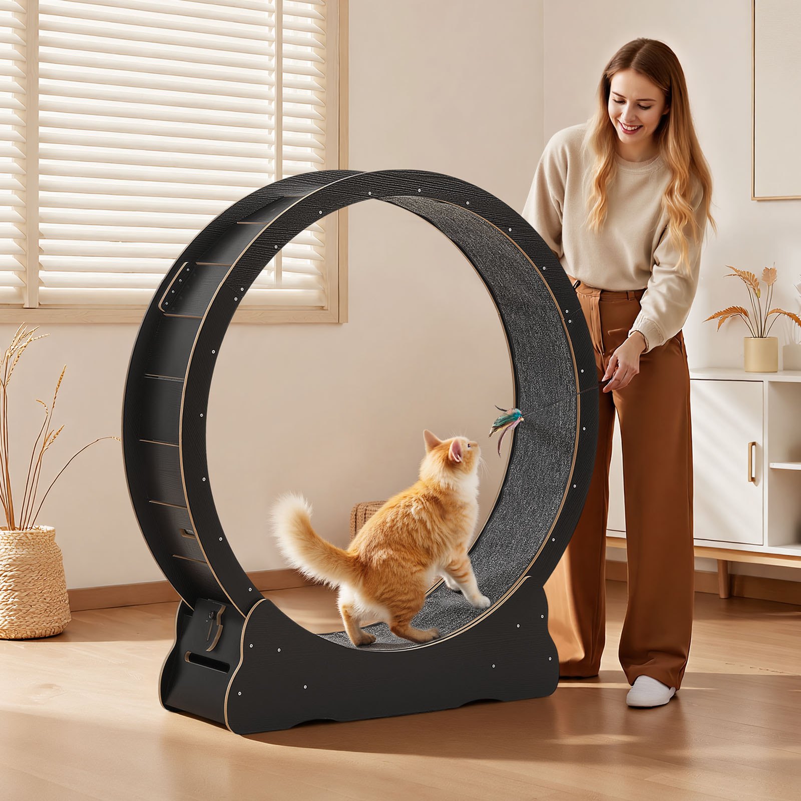 VEVOR Katzenlaufrad, 118 cm Innendurchmesser, Laufrad aus Holz für Katzen bis 13,6 kg, Katzenlaufband mit Teppichlauffläche & Verriegelungsmechanismus, leises Spielzeug für Wohnungkatzen, Schwarz