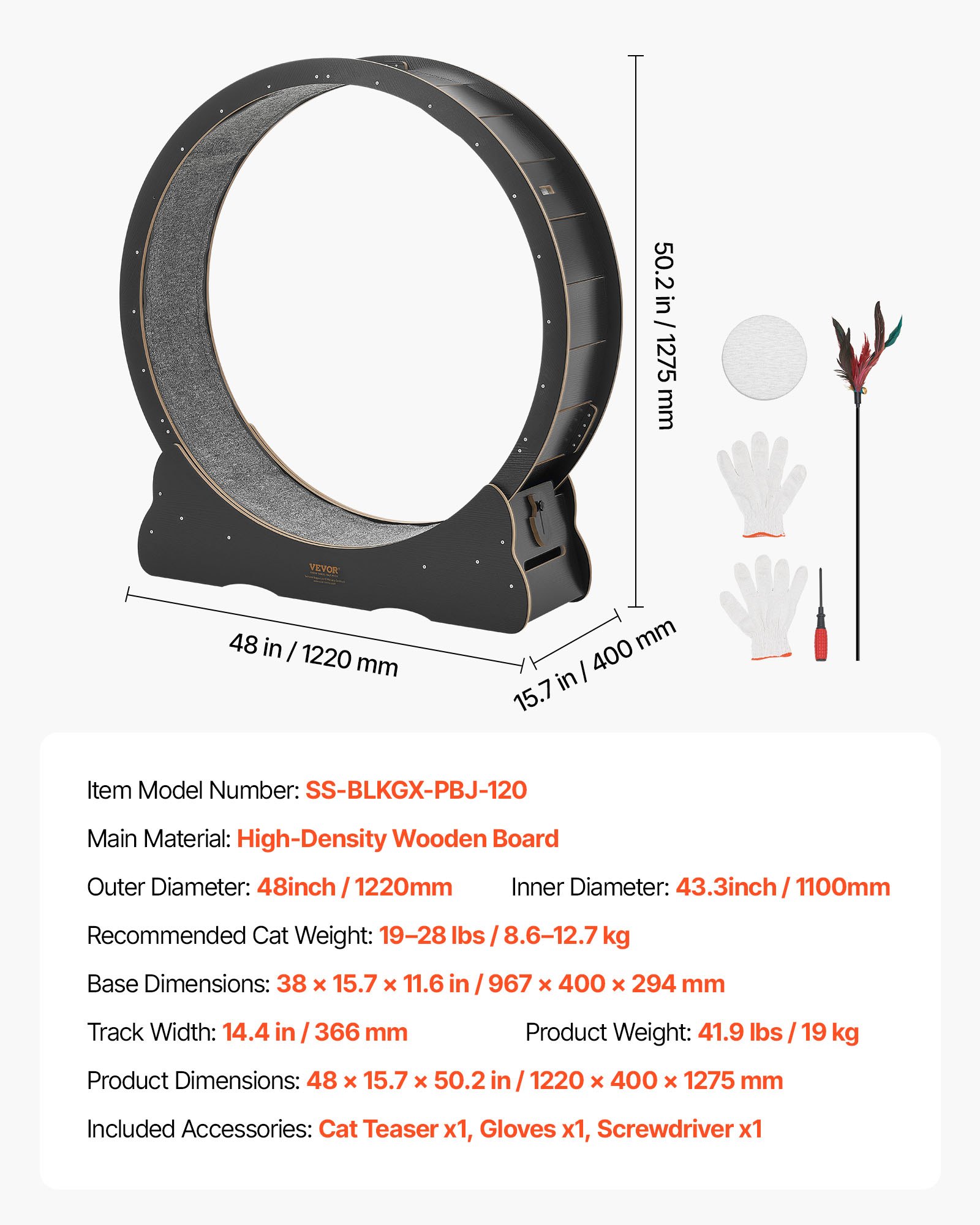 VEVOR Katzenlaufrad, 1080 mm Innendurchmesser, Laufrad aus Holz für 8,6-12,7 kg Katzen, Katzenlaufband mit Teppichlauffläche & Verriegelungsmechanismus, leises Spielzeug für Wohnungkatzen, Schwarz