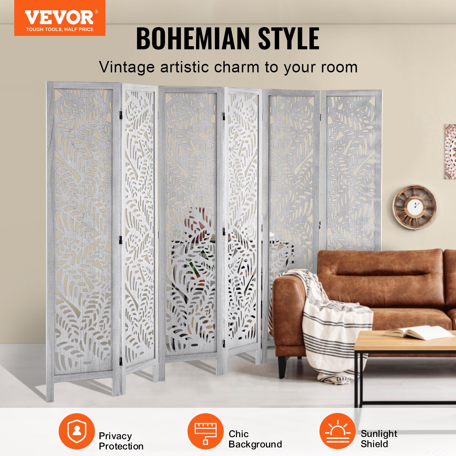 VEVOR Wooden Room Divider Screen, 6-Panel Foldable Privacy Screen, 170 cm High, Portable Decorative Screen with Boho Design for Home, Office, Restaurant