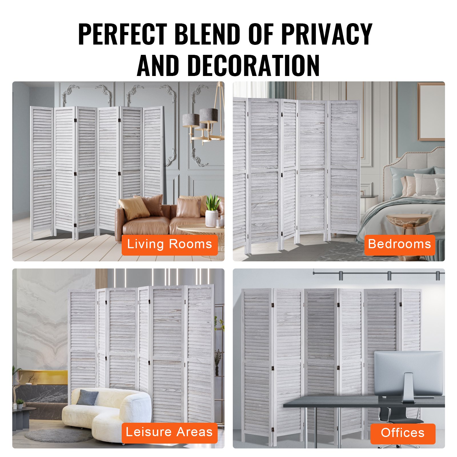 VEVOR Wooden Room Divider Screen, 6-Panel Foldable Privacy Screen, 242 cm Long, Portable Decorative Screen for Room Partitioning with European Style for Home, Restaurant, Bedroom