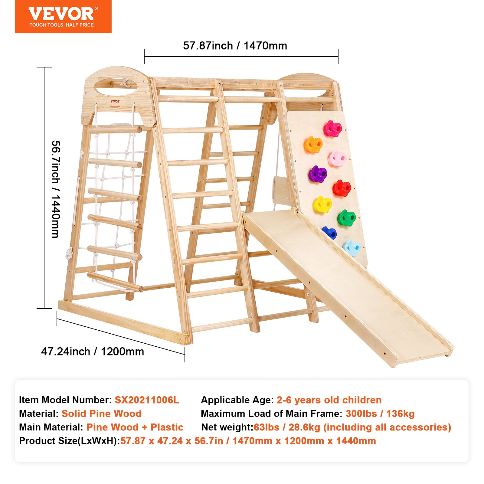 VEVOR Klettergerüst 7 in 1 Indoor-Spielplatz für Kinder, hölzernes Kletterspielzeug für Kleinkinder im Innenbereich mit Holz- und Strickleiter Netzleiter Schaukel Klettergerüst Rutsche Kletterwand