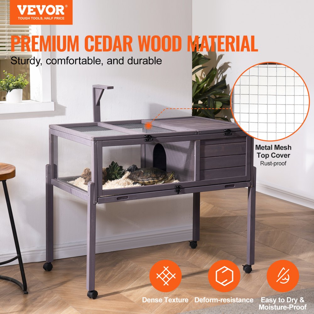 VEVOR Tortoise Habitat, Wooden Tortoise House for Indoor and Outdoor Use, Tortoise Enclosure on Wheels with Light Stand, Reptile Enclosure Small Animal Cage with Legs and Wheels, for Geckos, Lizards, and Snakes