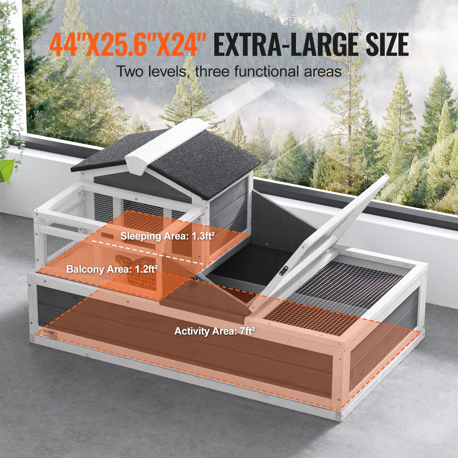 VEVOR 3-Room Tortoise House, 2-Story Wooden Indoor/Outdoor Tortoise Enclosure with Ramp, Tray, Opening Roof, Large Reptile Cage, 44" x 25.6" x 24