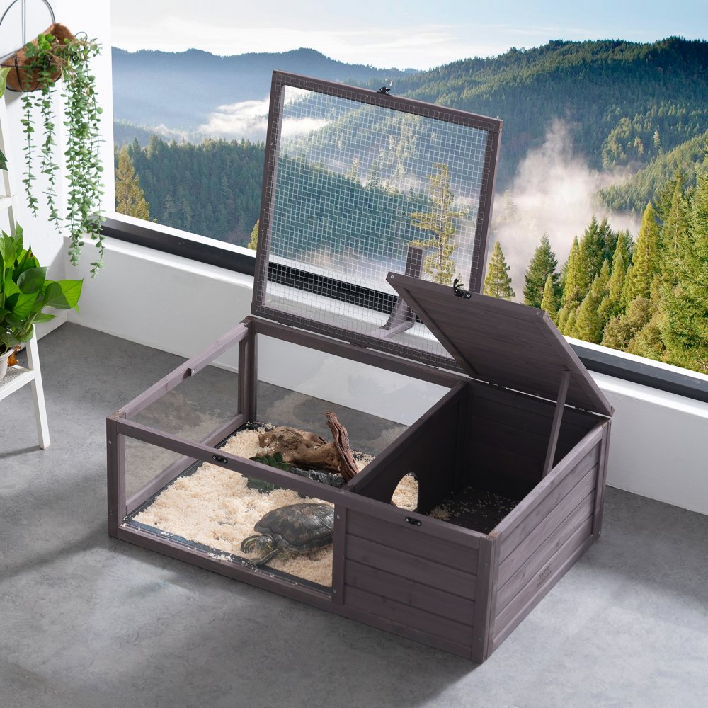 VEVOR Schildkrötenhabitat, Schildkrötenhaus aus Holz für drinnen und draußen, Schildkrötengehege mit hängendem Lichtständer, 2-Zimmer-Reptiliengehege, Kleintierkäfig für Geckos, Eidechsen, Schlangen, 96,5 x 61 x 33 cm
