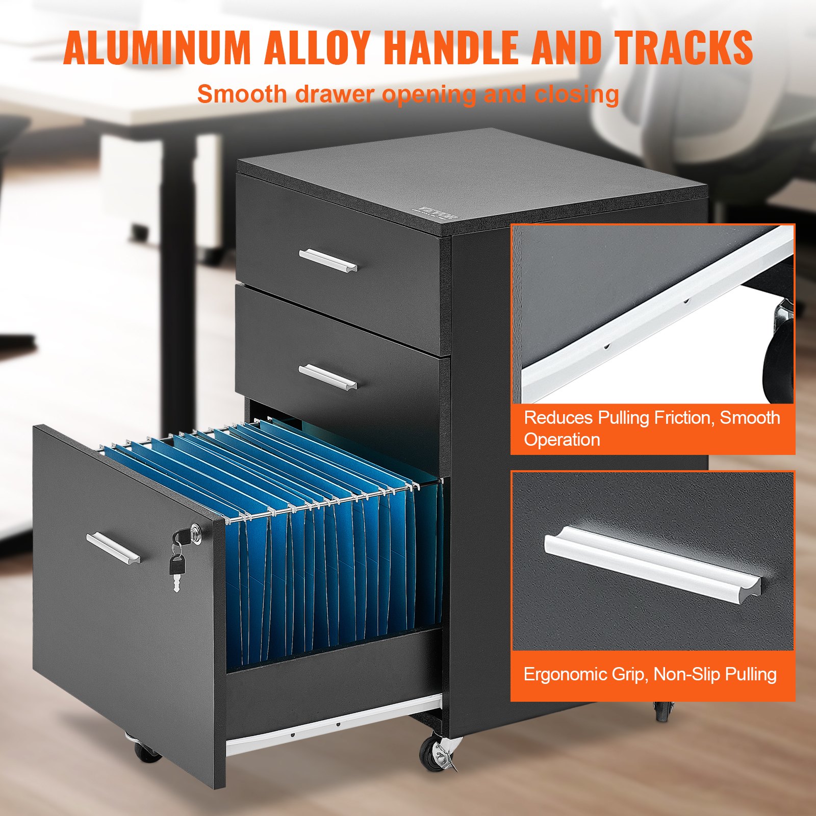 VEVOR 3-Tier Filing Cabinet Side Unit with 3 Drawers + 2 Keys, 63.5 kg Load Capacity, Office Living Room Storage Cabinet, 450 x 400 x 650 mm Metal Cabinet Rolling Container