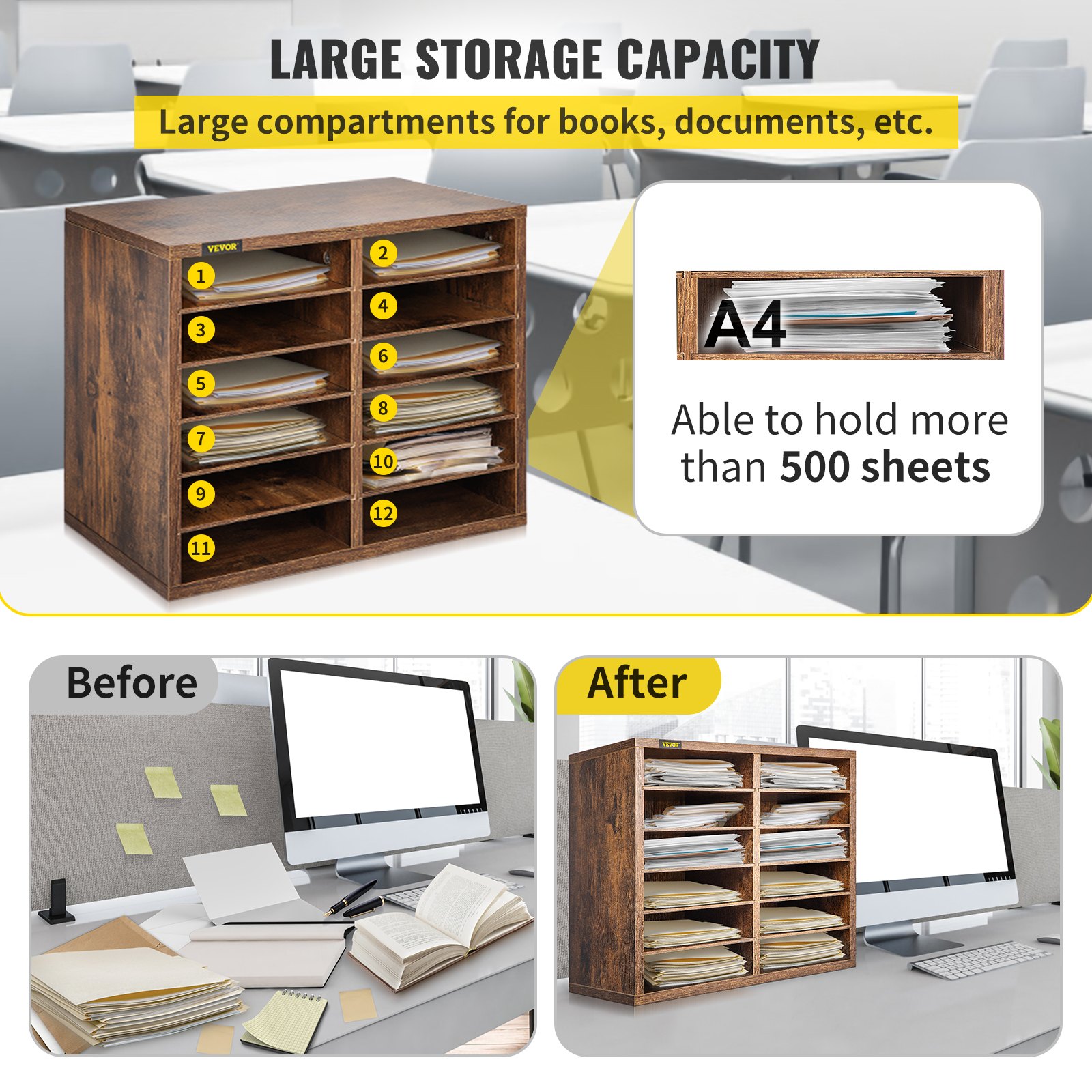 VEVOR Dokumentenablage 2 x 6 Fächer Briefablage, MDF Ablagefächer Stapelbar 22 x 29,5 x 6 cm Einlegeböden Ablagefächer 49 x 31 x 41 cm Ablagesystem Desktop Aktenhalter Sorter Dokumentenbuch