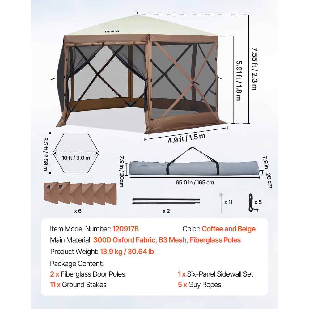 VEVOR Gazebo Screen Tent, 10 x 10 ft, 6 Sided Pop-up Camping Canopy Shelter Tent with Mesh Windows, Portable Carry Bag, Ground Stakes, Large Shade Tents for Outdoor Camping, Lawn and Backyard