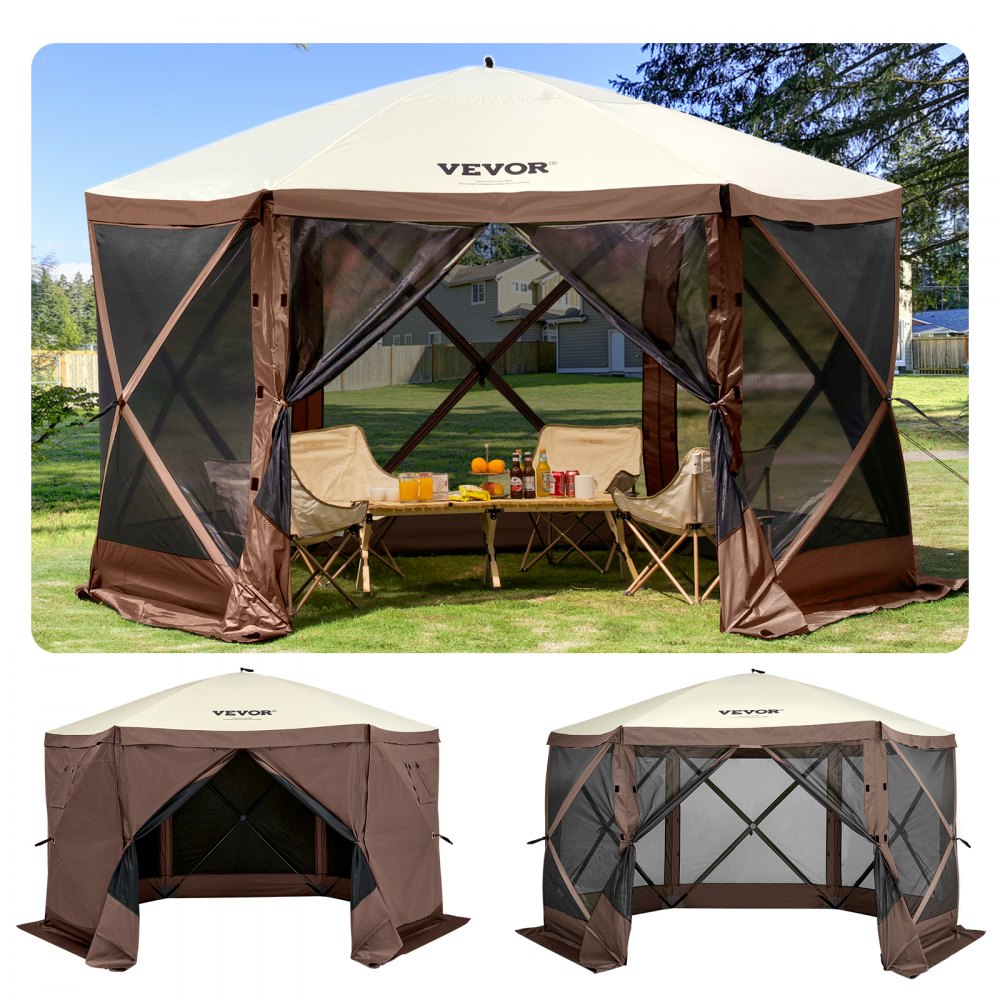 VEVOR-Camping-Pavillonzelt mit Netzwänden, Gartenmöbeln und malerischer Kulisse.
