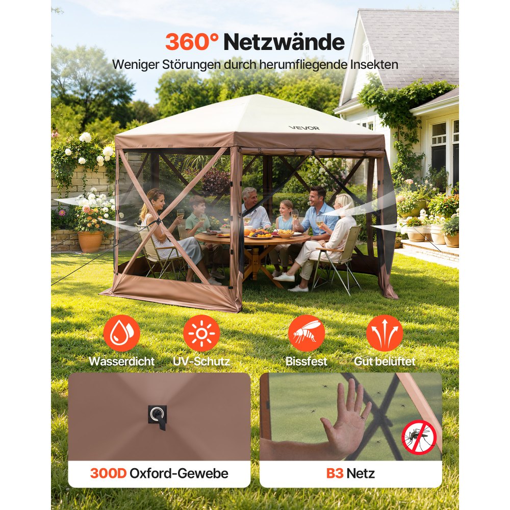 VEVOR Pavillon-Zelt, 3,6 x 3,6 m, 6-seitiges Pop-up-Camping-Überdachungszelt mit Netzfenstern, tragbarer Tragetasche, Erdnägeln, großen Schattenzelten für Camping im Freien, Rasen und Hinterhof