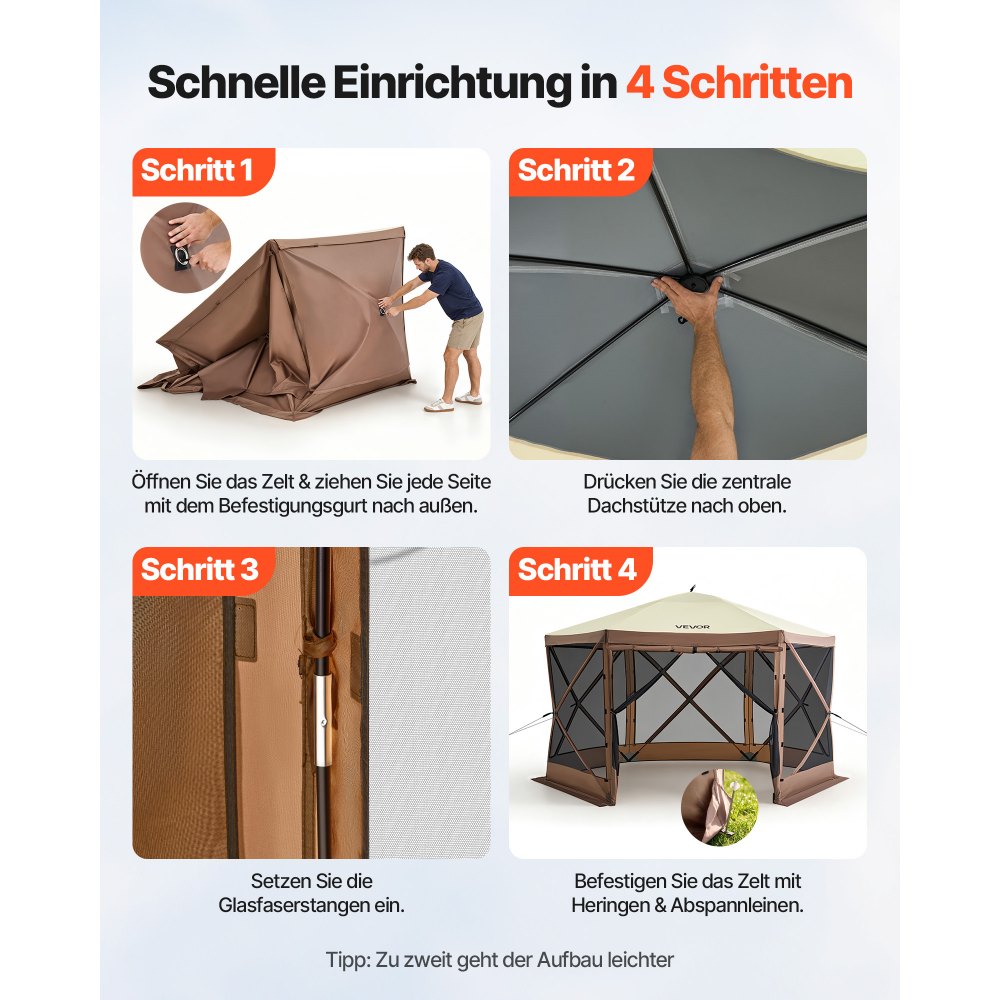 VEVOR Pavillon-Zelt, 3,6 x 3,6 m, 6-seitiges Pop-up-Camping-Überdachungszelt mit Netzfenstern, tragbarer Tragetasche, Erdnägeln, großen Schattenzelten für Camping im Freien, Rasen und Hinterhof